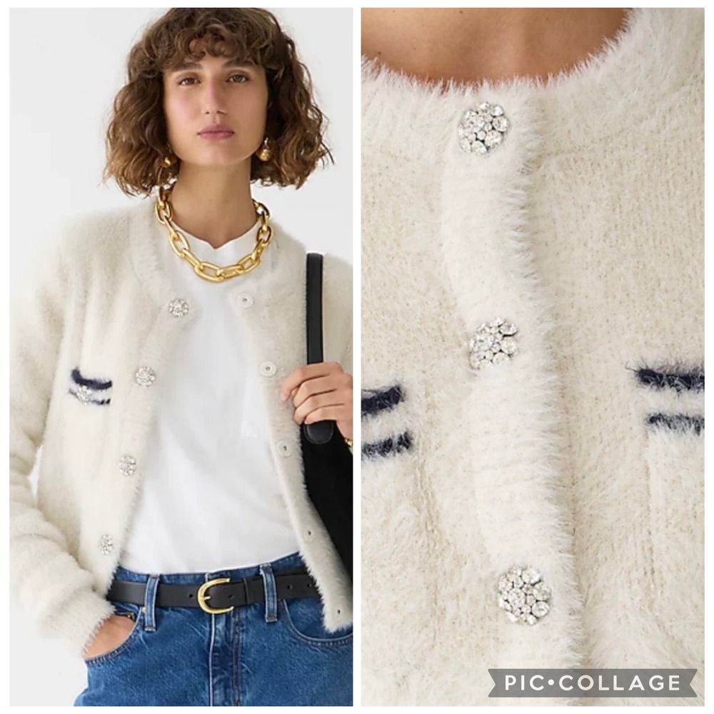 J.Crew Cream Eyelash Lady‎ Jacket Brushed Yarn Cardigan Crystal Button Navy Sz M